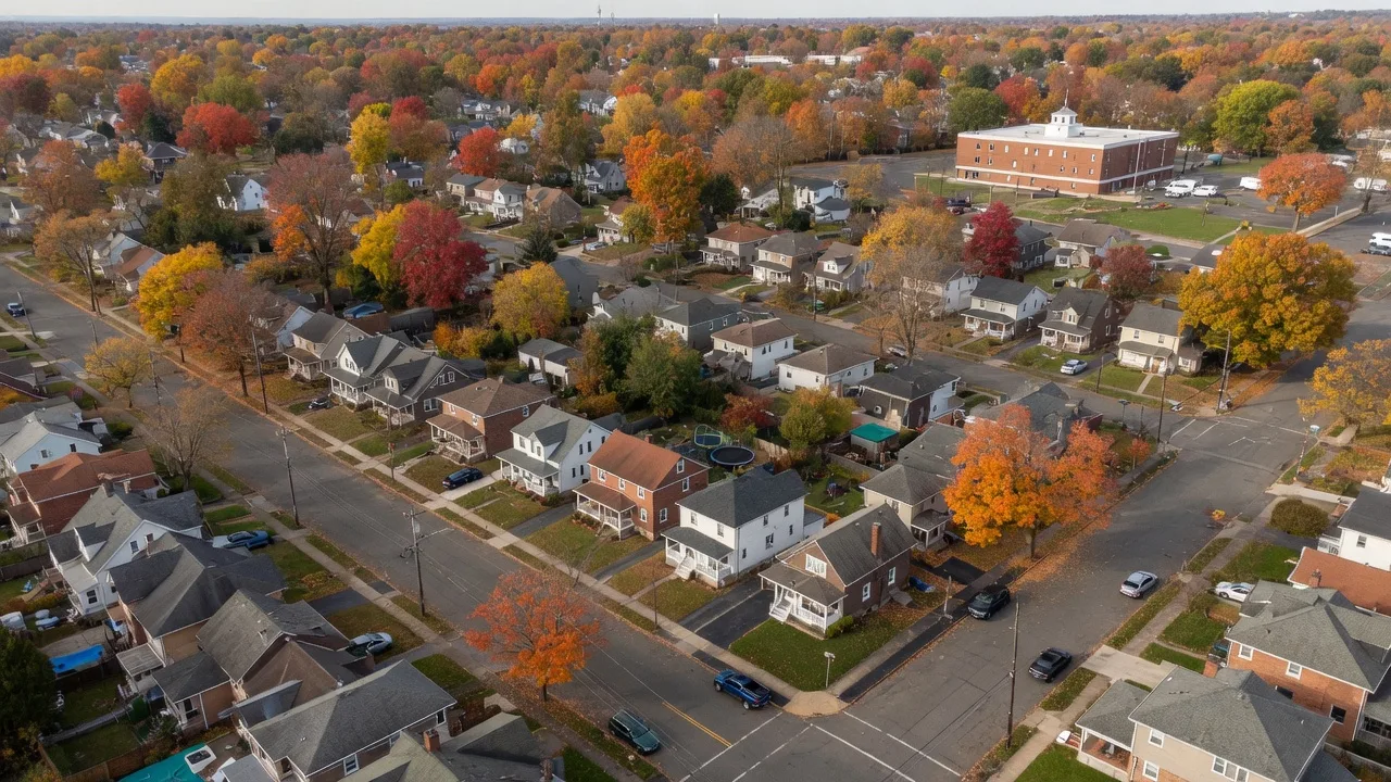 Aerial view of a residential neighborhood in Bloomfield NJ with tree-lined streets and homes