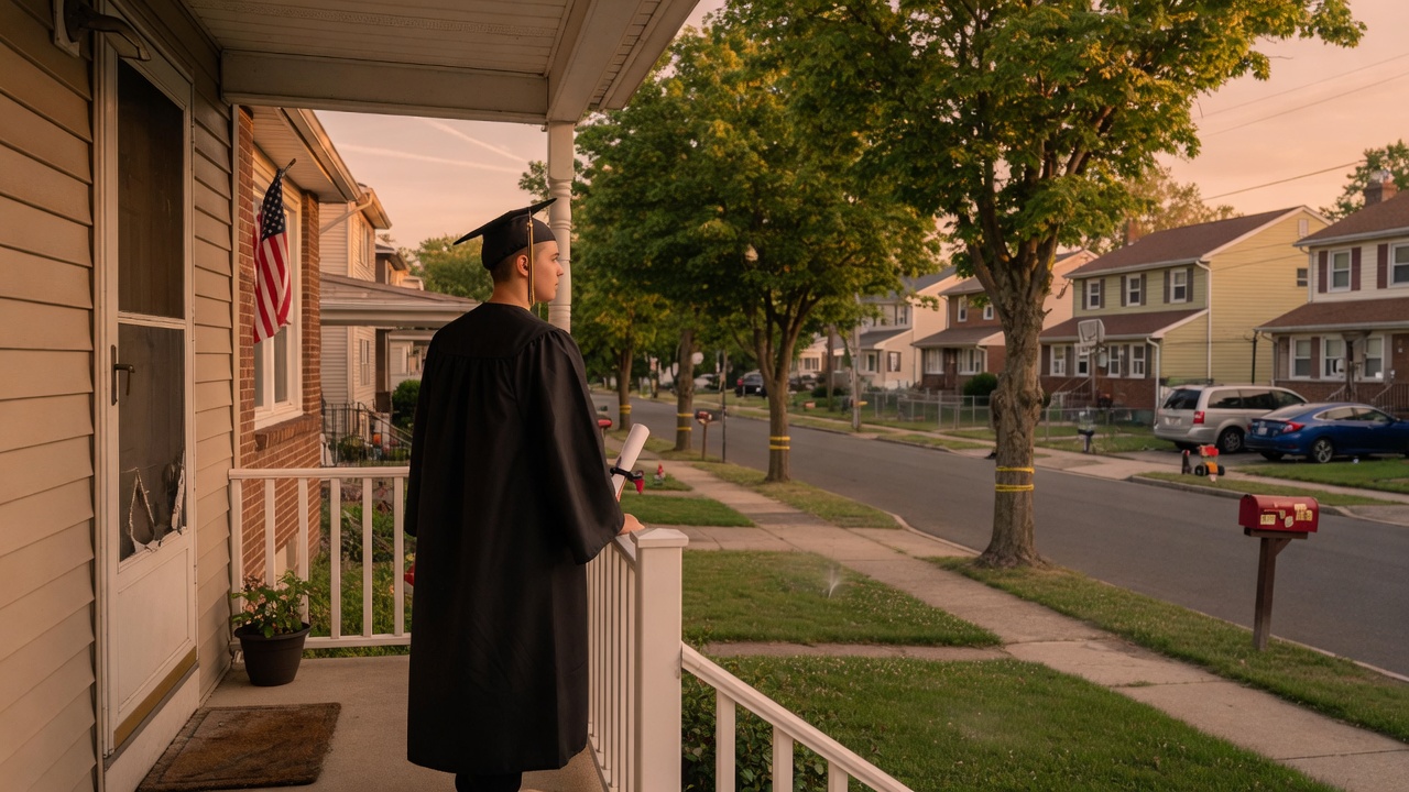 Young adult in graduation cap standing on the porch of a suburban home, representing the transition from family house to empty nest