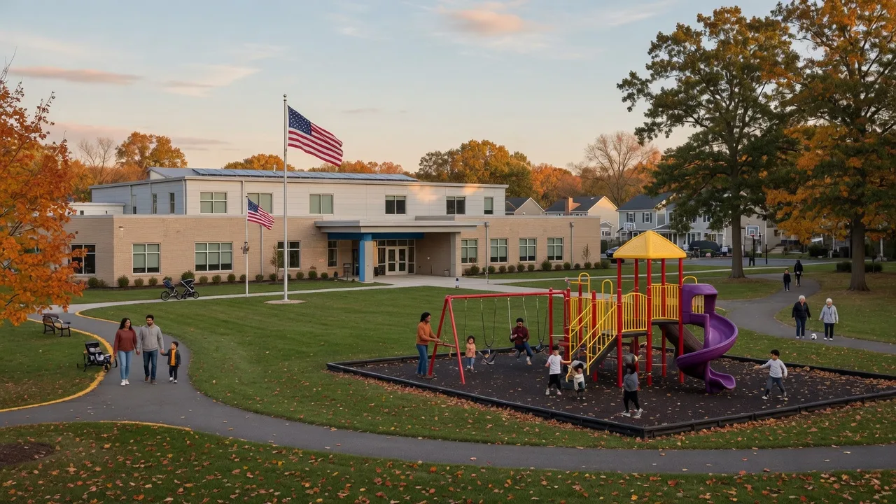 Family-friendly suburban community with green lawns and a school building in Livingston NJ