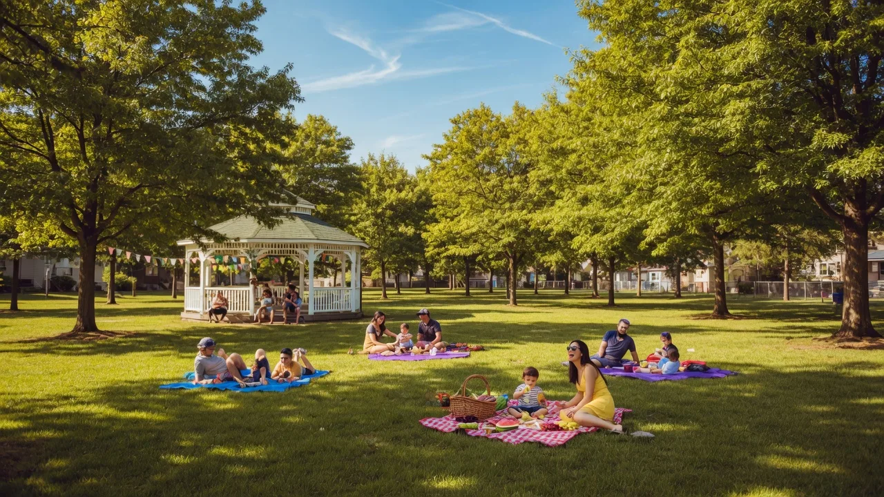 Sunny summer day at a tree-lined park in Essex County NJ with families enjoying the outdoors