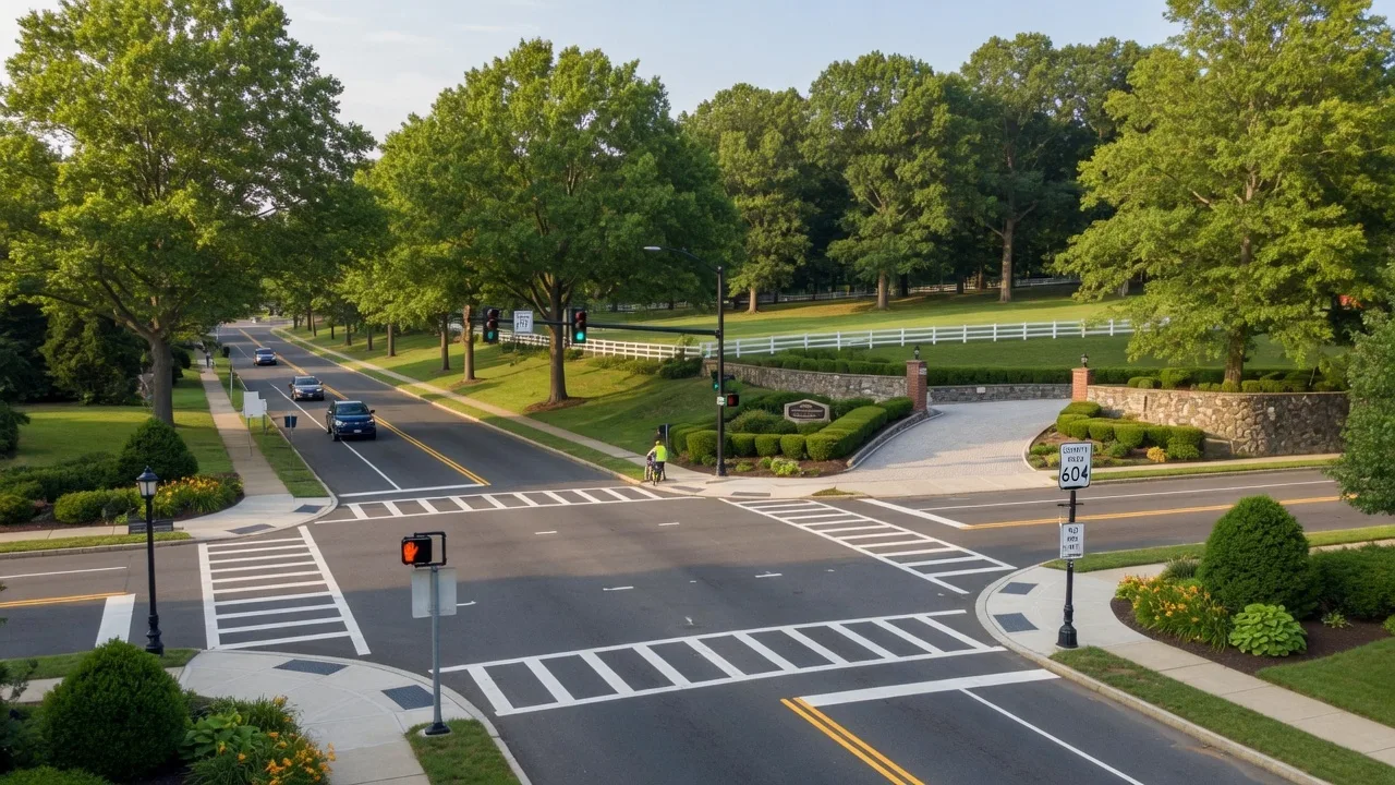 A suburban county road intersection in West Orange NJ near Crestmont Country Club
