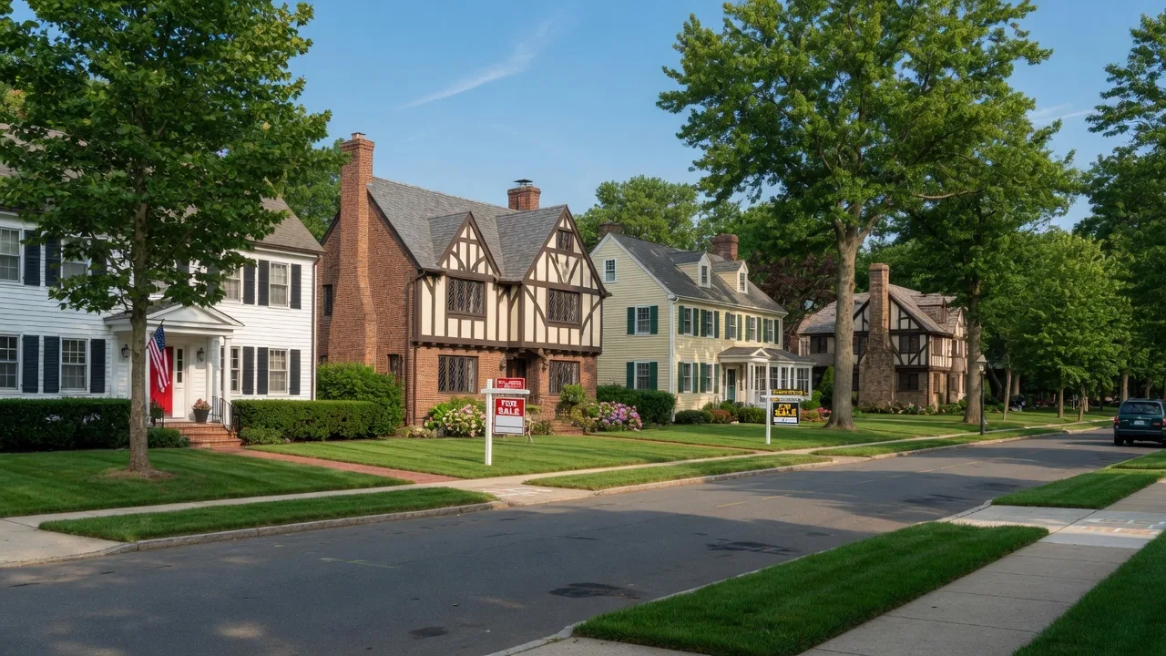A tree-lined residential street in Essex County New Jersey with classic homes and for-sale signs on a bright summer day