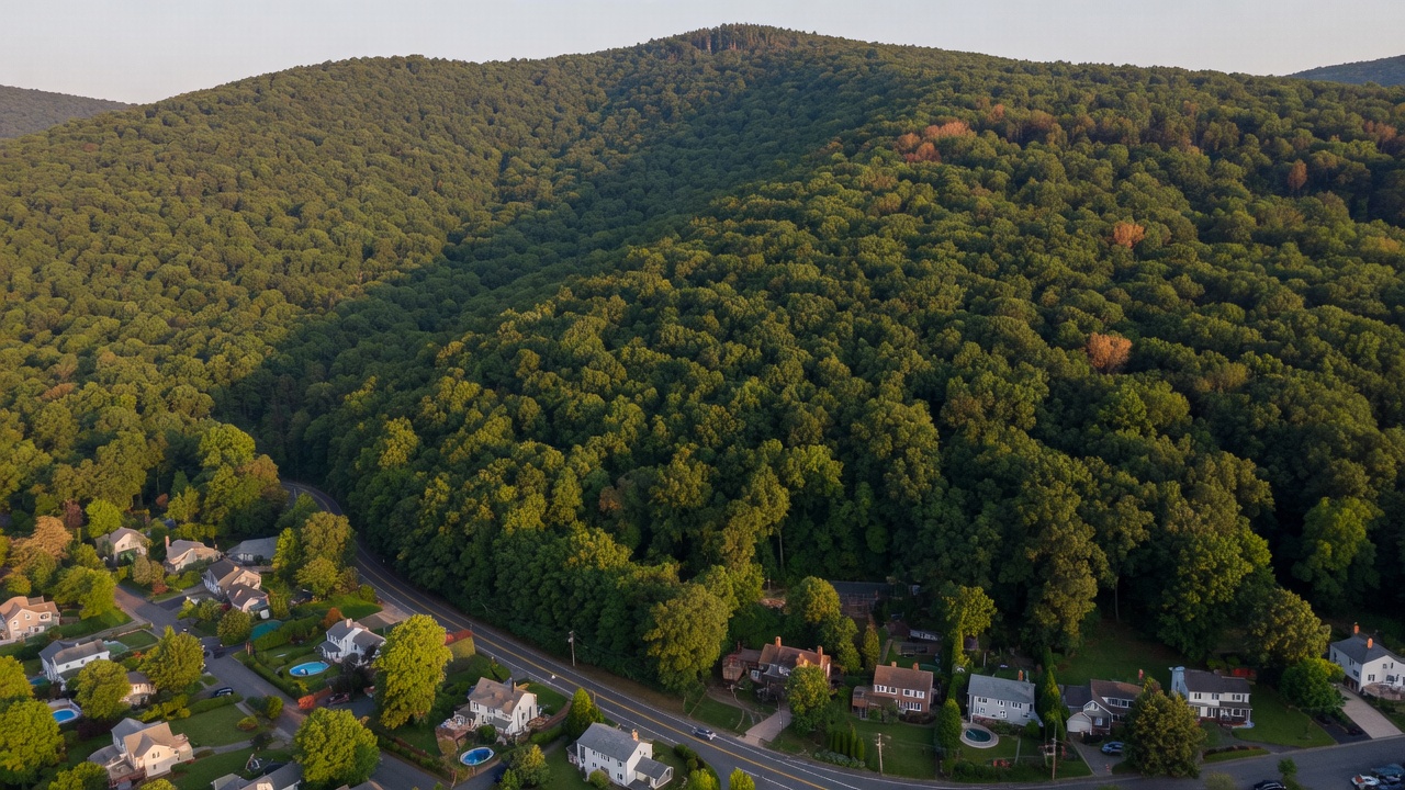 Dense forest covering a mountain ridge in northern New Jersey with suburban homes at the base