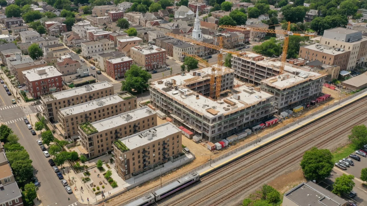 Aerial view of a construction site with cranes and scaffolding near a commuter rail station in Bloomfield NJ