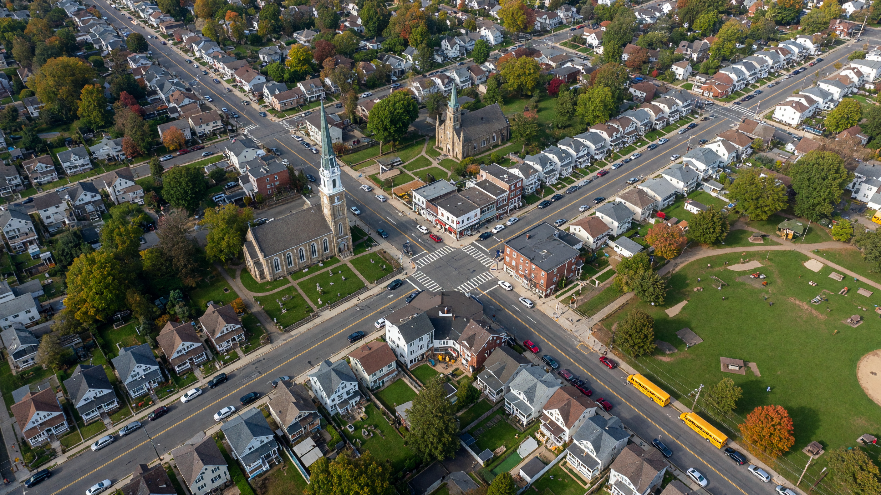 Aerial view of Bloomfield, New Jersey showing tree-lined streets and the township center