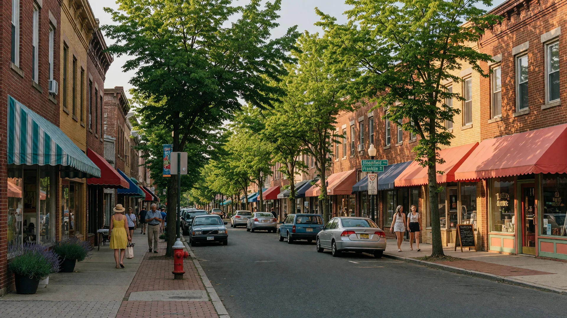 Charming tree-lined downtown Bloomfield NJ on a sunny summer afternoon with brick storefronts and pedestrians