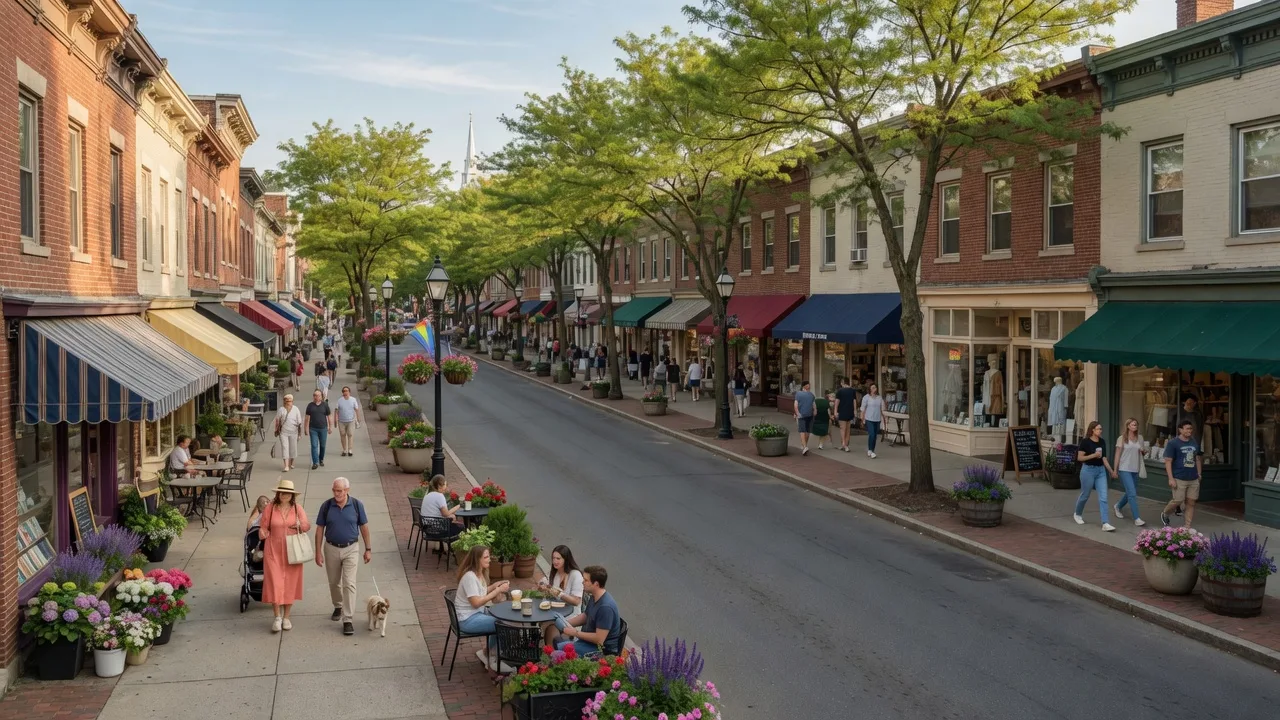 Church Street in Montclair NJ during a car-free weekend with pedestrians enjoying the downtown corridor