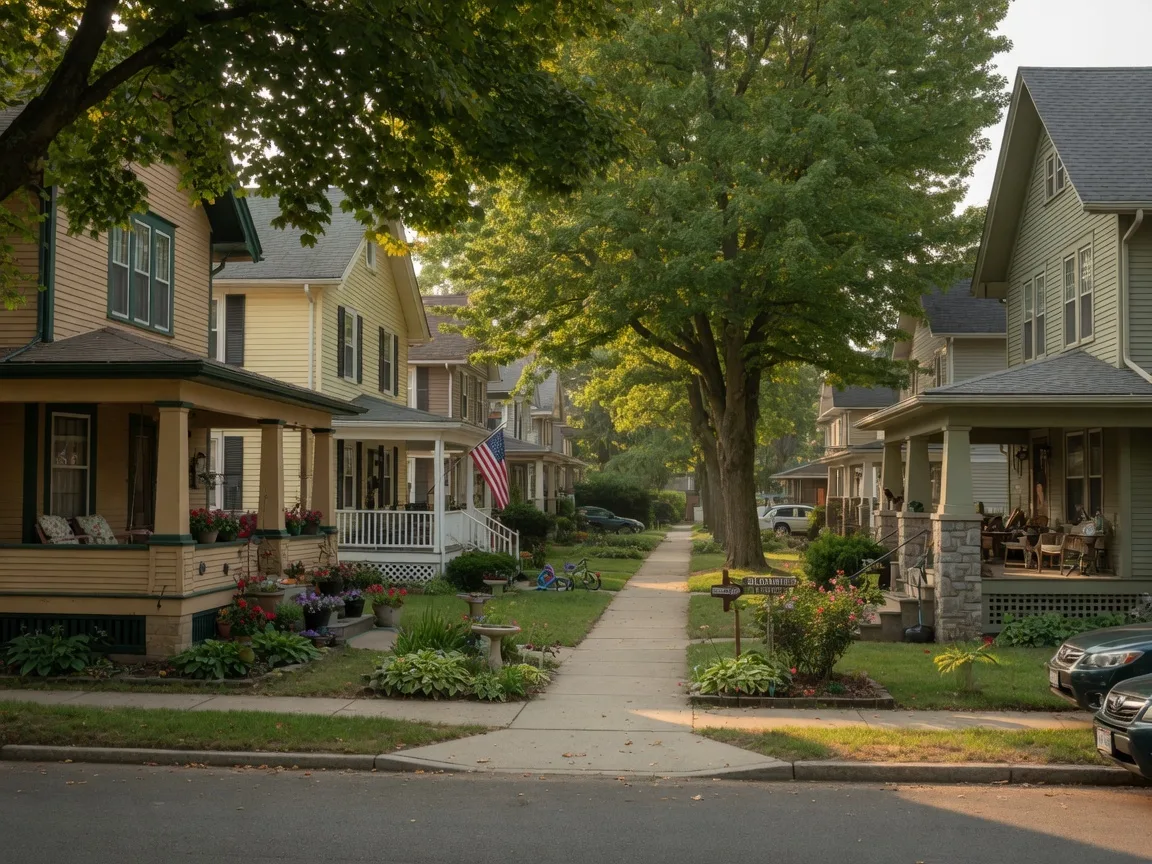 Tree-lined residential street in Bloomfield NJ with well-maintained craftsman bungalows and colonial homes
