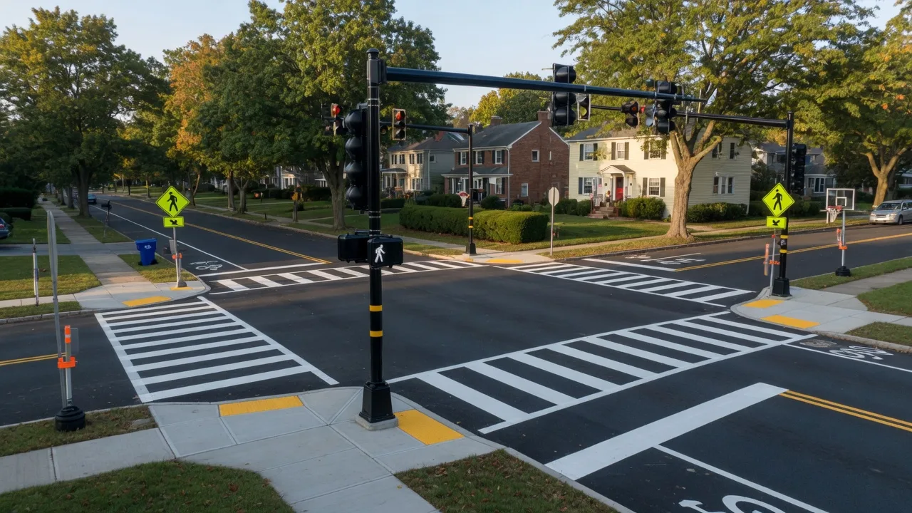 A suburban intersection in Essex County NJ with newly improved traffic signals