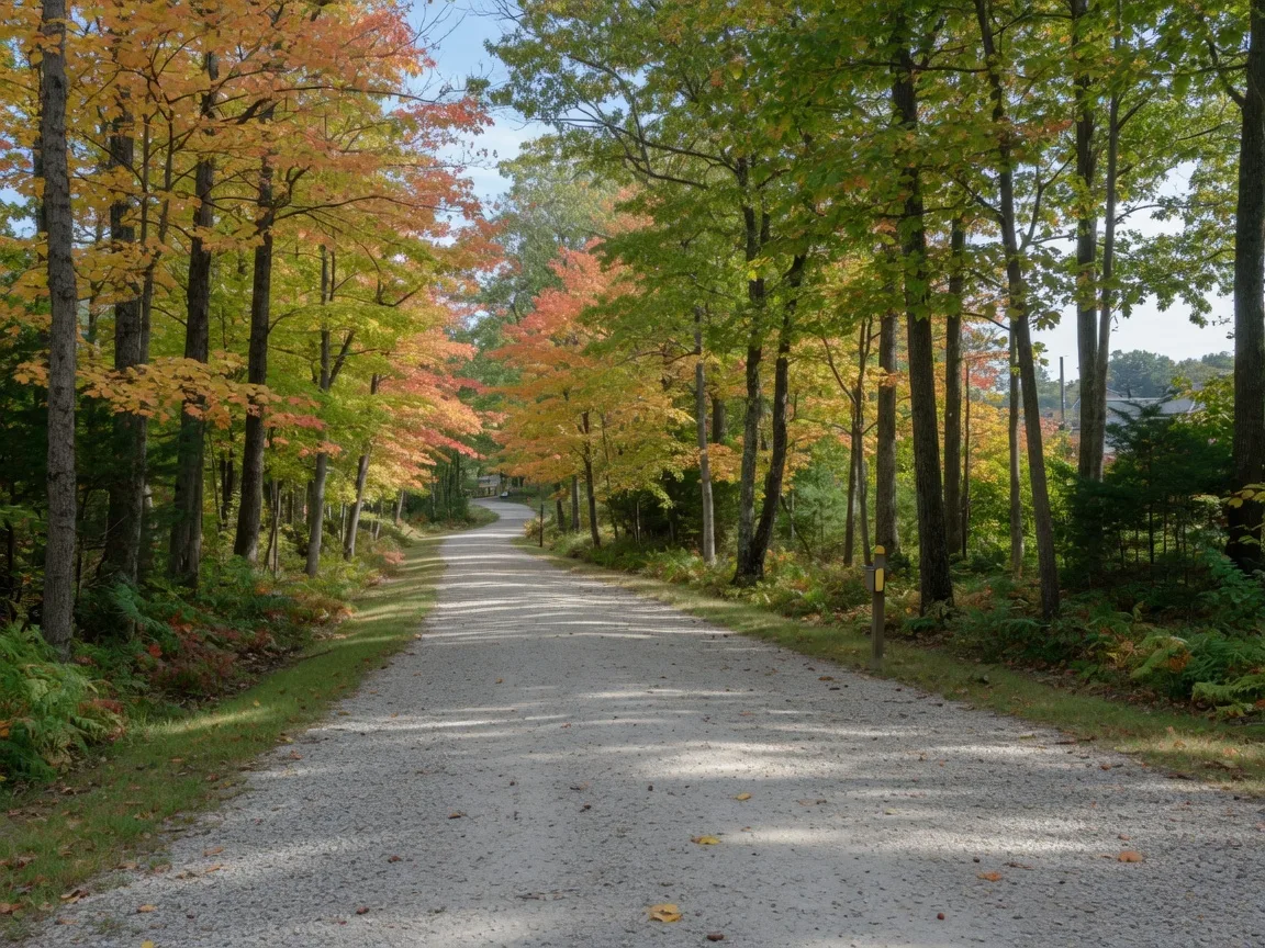 Forest hiking trail through South Mountain Reservation in West Orange NJ with early autumn foliage and dappled sunlight