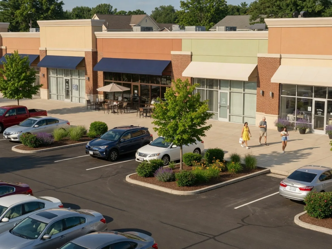 A suburban shopping plaza in West Orange NJ with retail storefronts and a landscaped parking lot