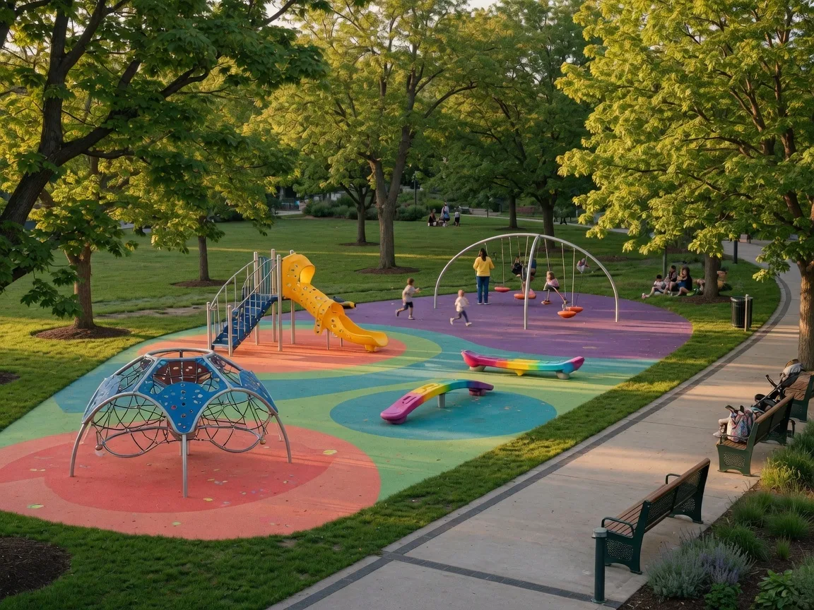 Modern renovated park playground in West Orange NJ with colorful play equipment, safety surfacing, and lush green surroundings