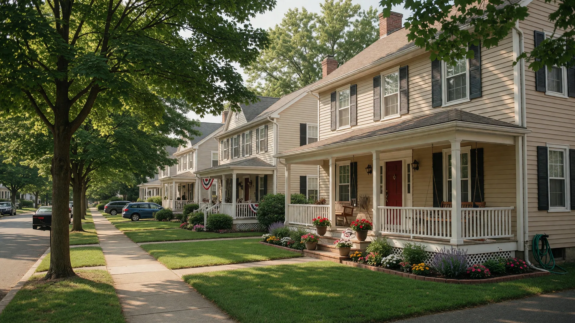Walkable downtown streetscape along Bloomfield Avenue with storefronts and leafy street trees