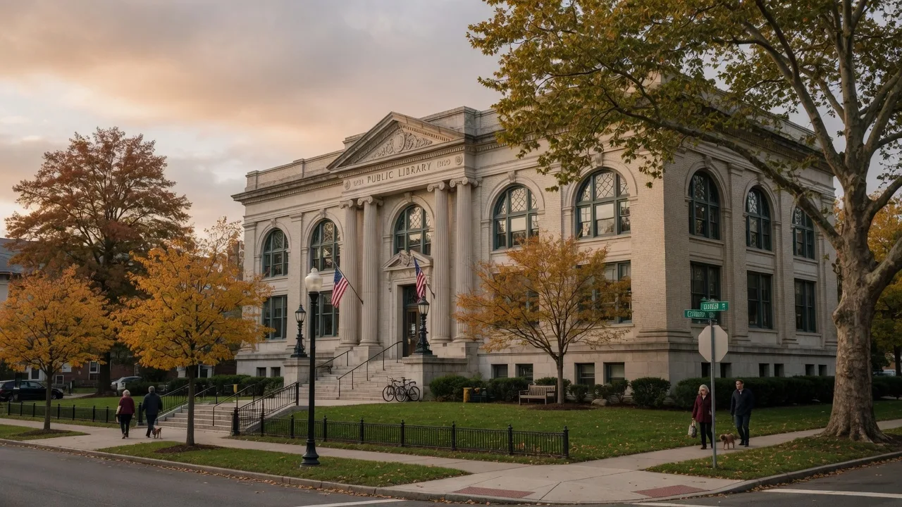 Historic public library building in downtown Montclair NJ surrounded by mature trees