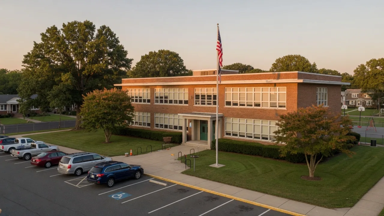 A public school building in Bloomfield NJ with mature trees and well-maintained grounds