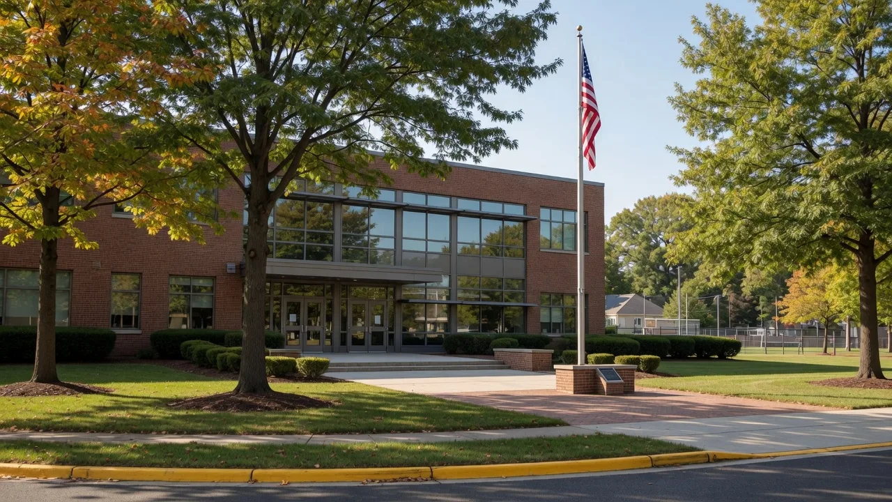 A public school building in a suburban New Jersey neighborhood with mature trees