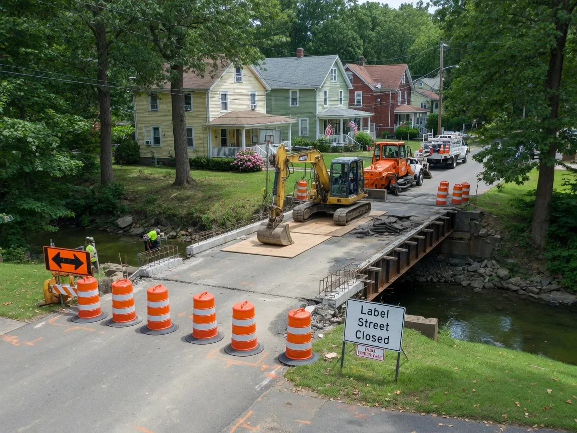 Construction site of a bridge replacement on Label Street in Montclair NJ with orange barrels and residential homes along a tree-lined street