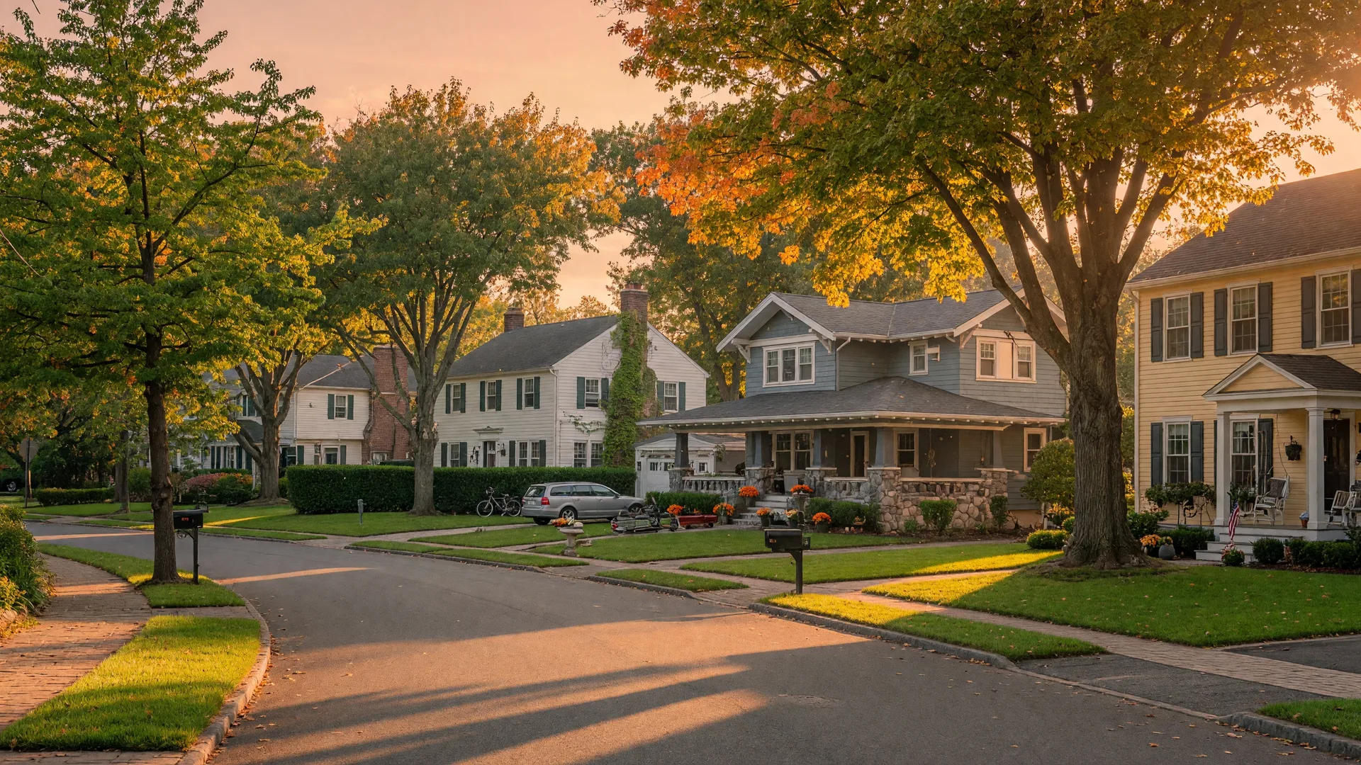 Tree-lined residential street in Essex County, New Jersey with colonial homes and warm afternoon light