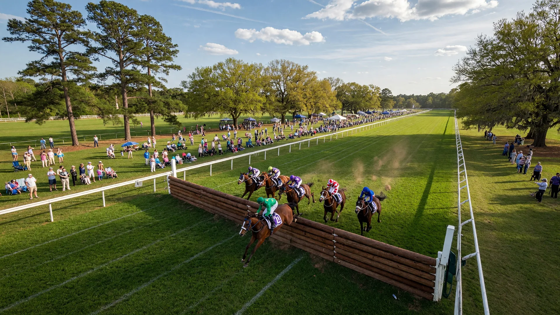 Thoroughbred horses and jockeys competing at the Aiken Steeplechase on a bright spring day in Aiken SC