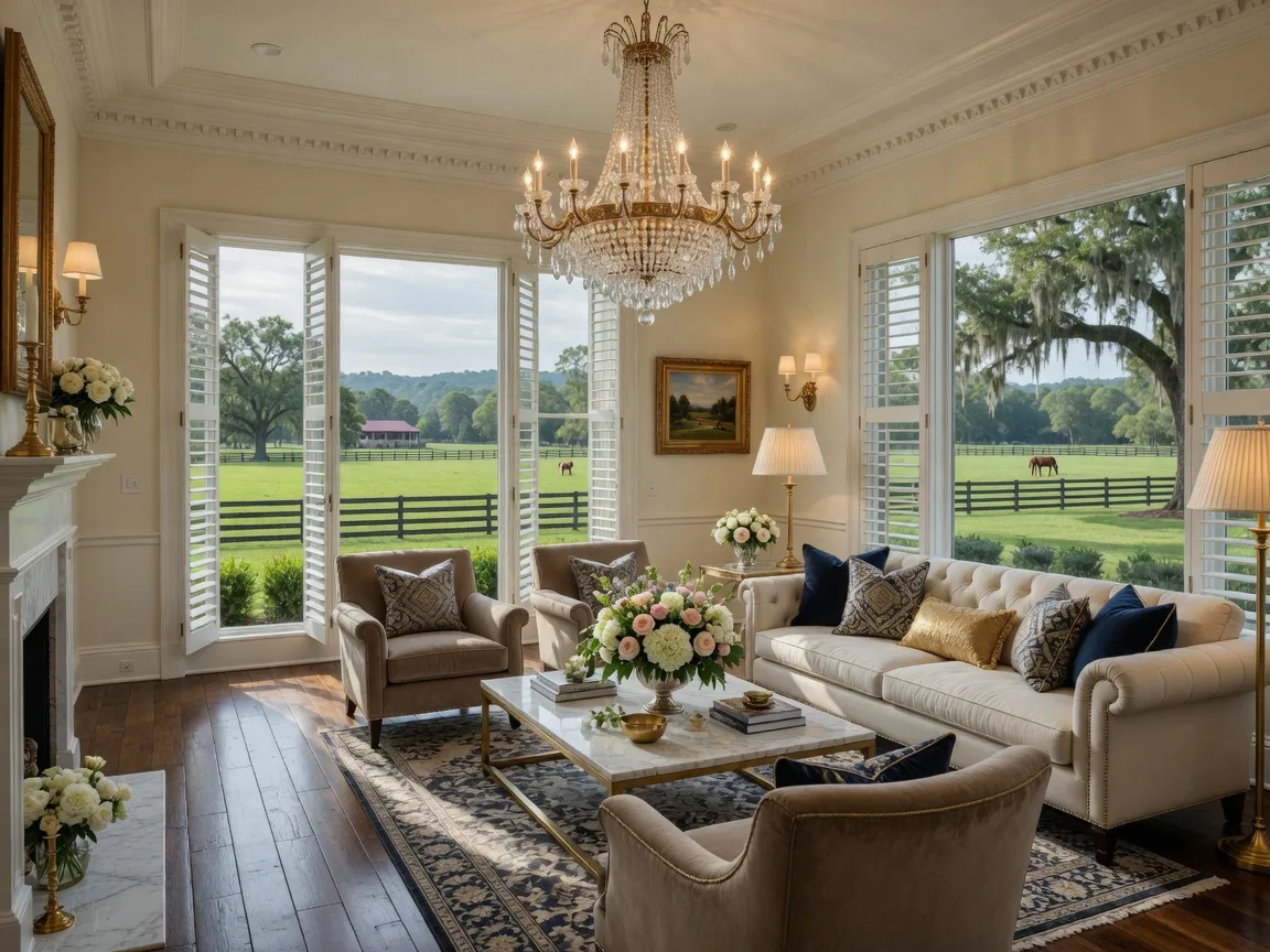 Elegant luxury living room interior with hardwood floors, high ceilings, and sophisticated Southern design in an Aiken SC estate