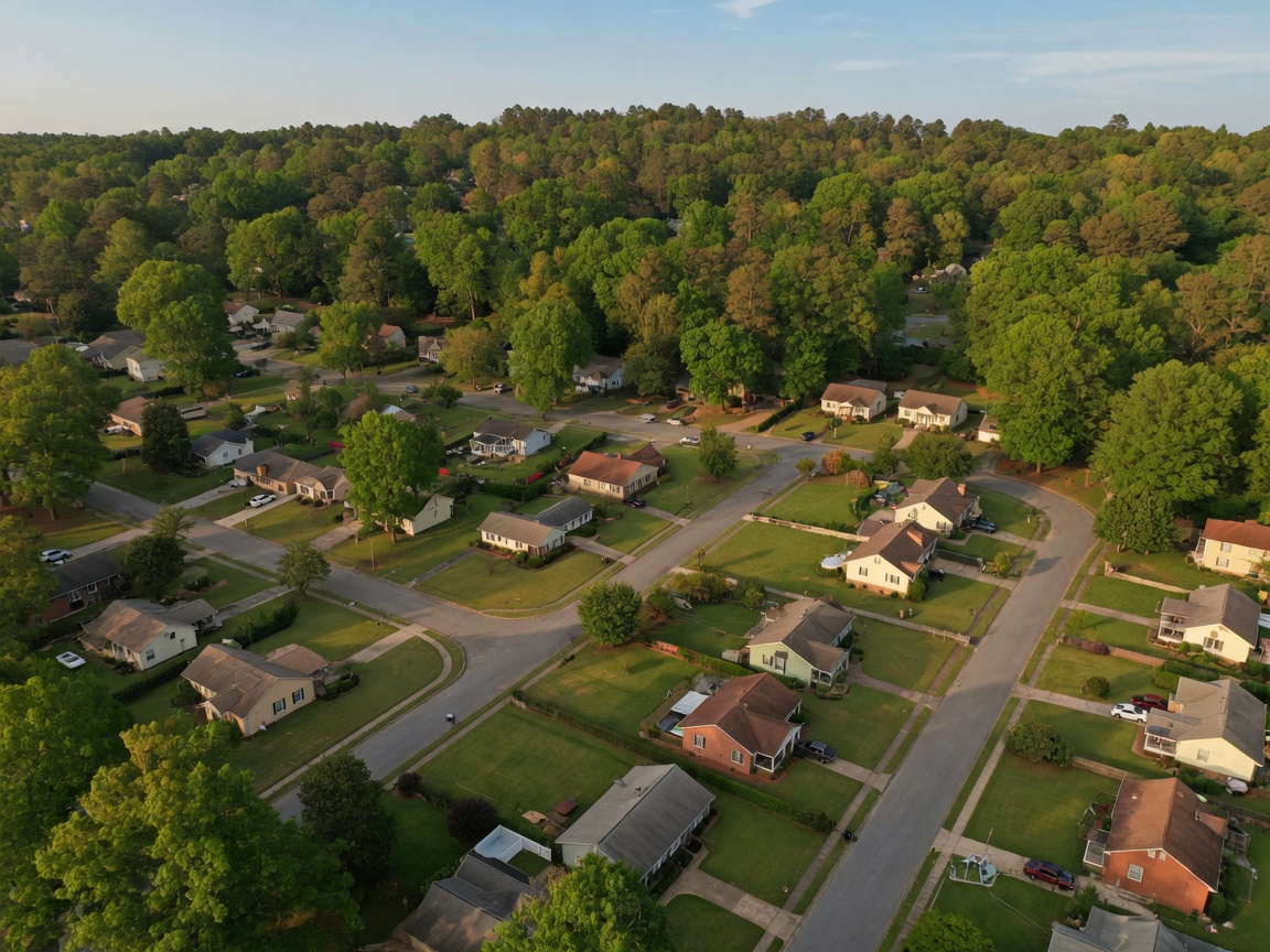 Aerial view of a North Augusta SC neighborhood with tree-lined streets and homes