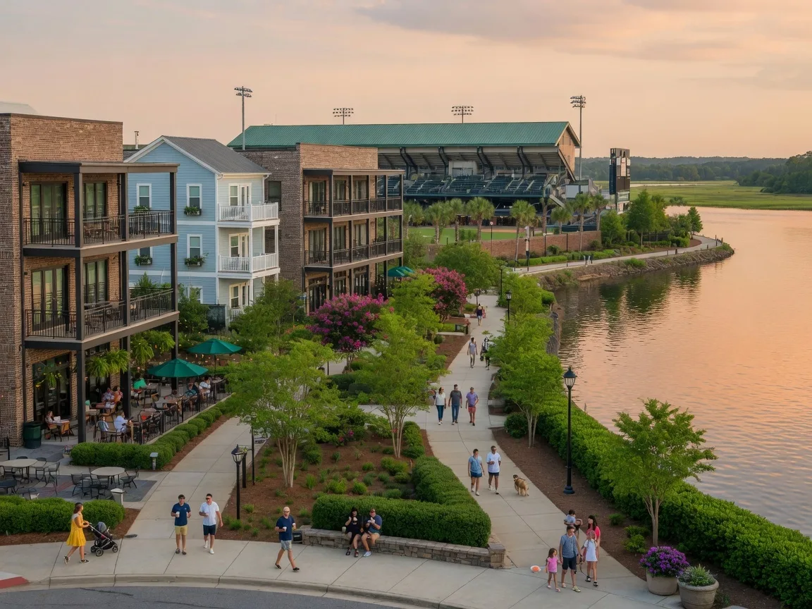Riverside Village riverfront district in North Augusta SC with shops, restaurants, walkable streets, and the Savannah River in the background