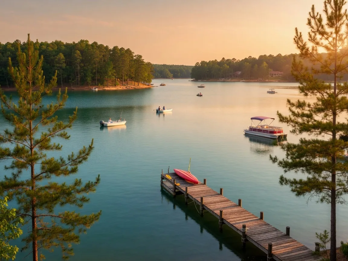 Clarks Hill Lake near Evans, Georgia with calm blue water, a wooden dock, and pine trees lining the shore on a summer afternoon