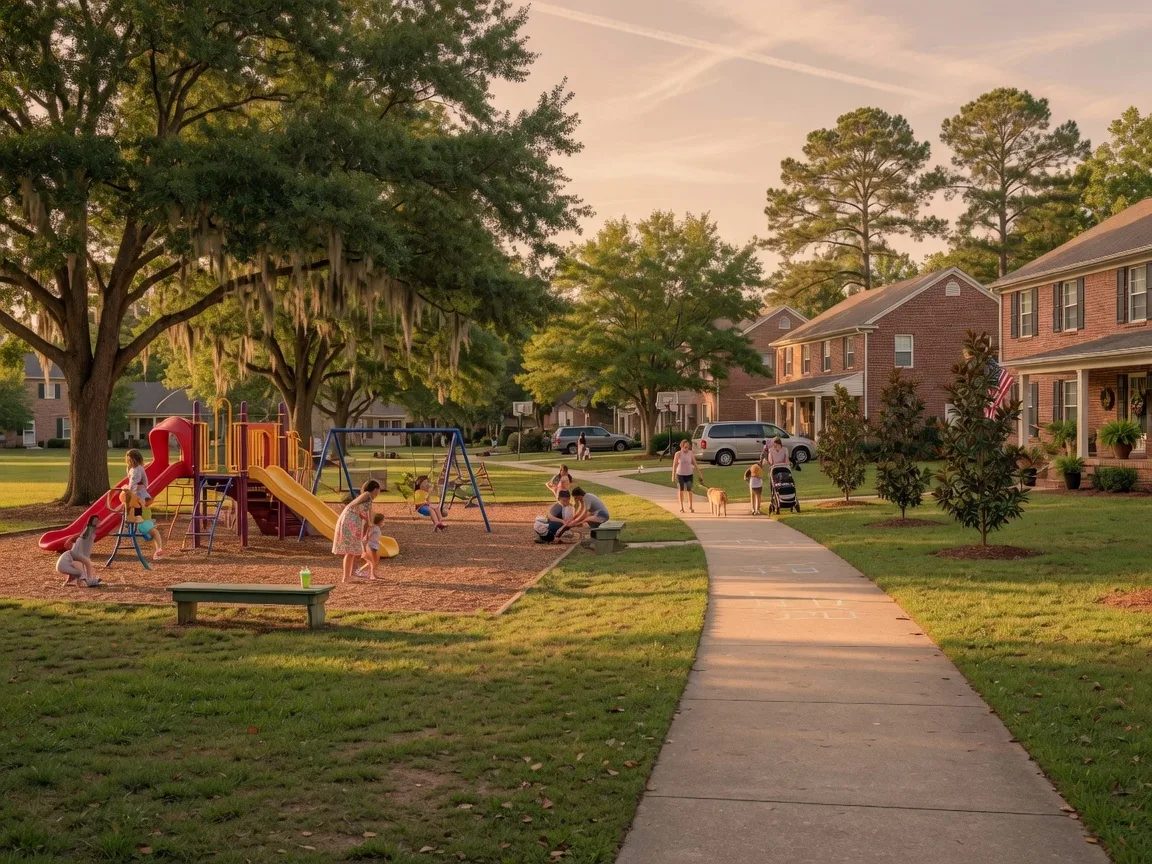 Family-friendly neighborhood park in North Augusta SC with a playground, walking paths, and homes in the background