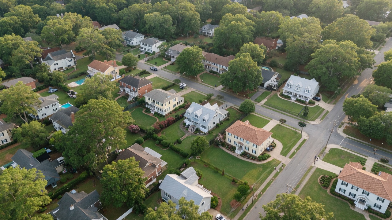 Well-maintained home in Aiken SC with Southern charm landscaping and mature trees