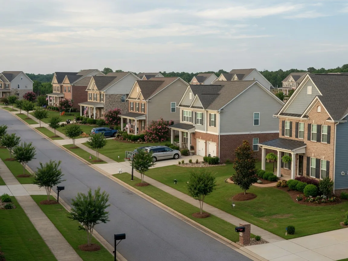 Well-maintained family homes in a planned subdivision in Evans, Georgia with manicured lawns and mature landscaping