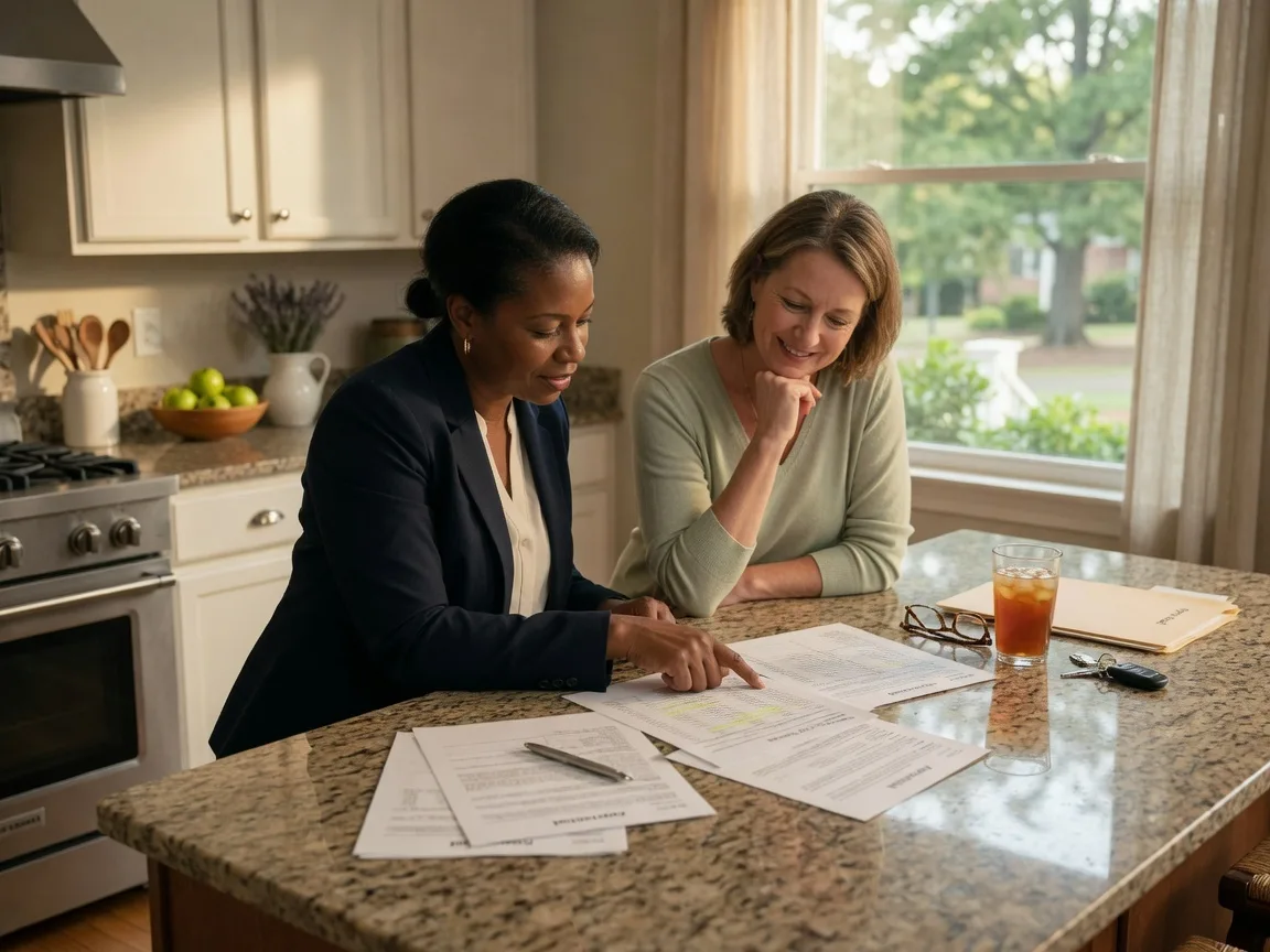 A real estate agent and homeowner reviewing an appraisal report together at a kitchen island