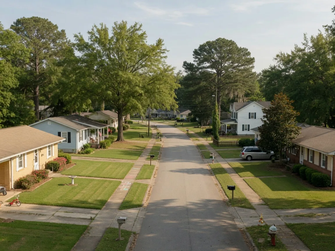 Tree-lined residential street in the Belvedere area of North Augusta SC with well-maintained homes and green lawns