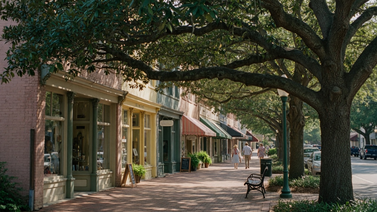 Downtown Aiken SC streetscape with shops, trees, and a welcoming atmosphere