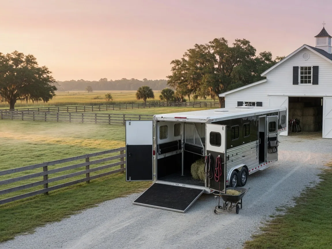 Horse transport trailer at a well-maintained equestrian property in Aiken SC