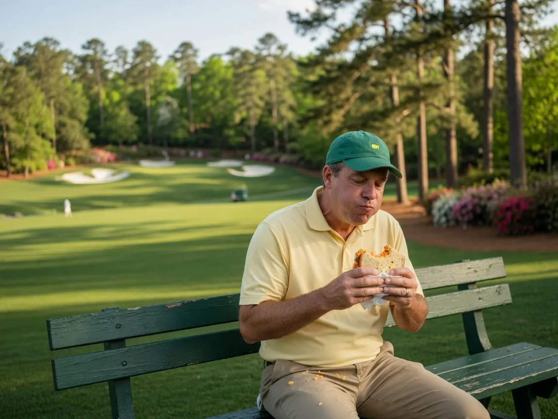 Patron eating a pimento cheese sandwich at Augusta National during Masters Week