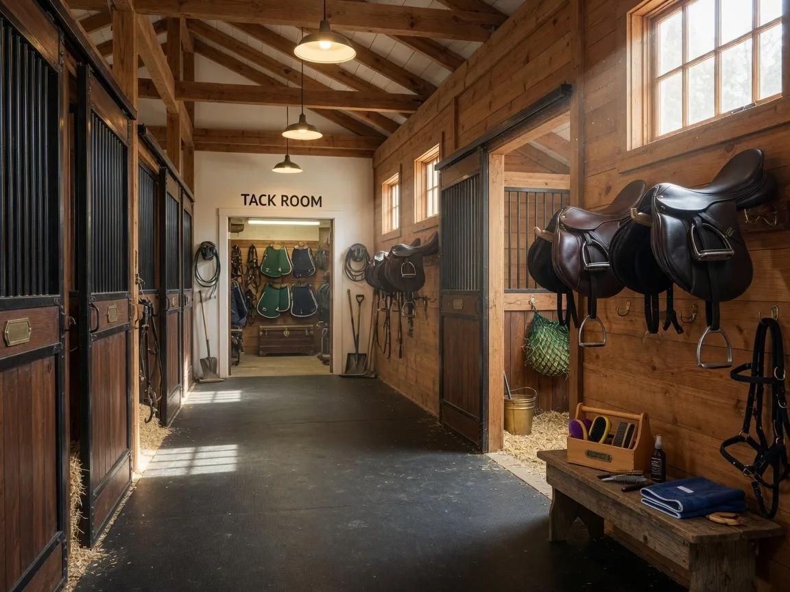 Well-maintained horse barn interior with clean aisle, wooden stalls, and tack room in Aiken SC