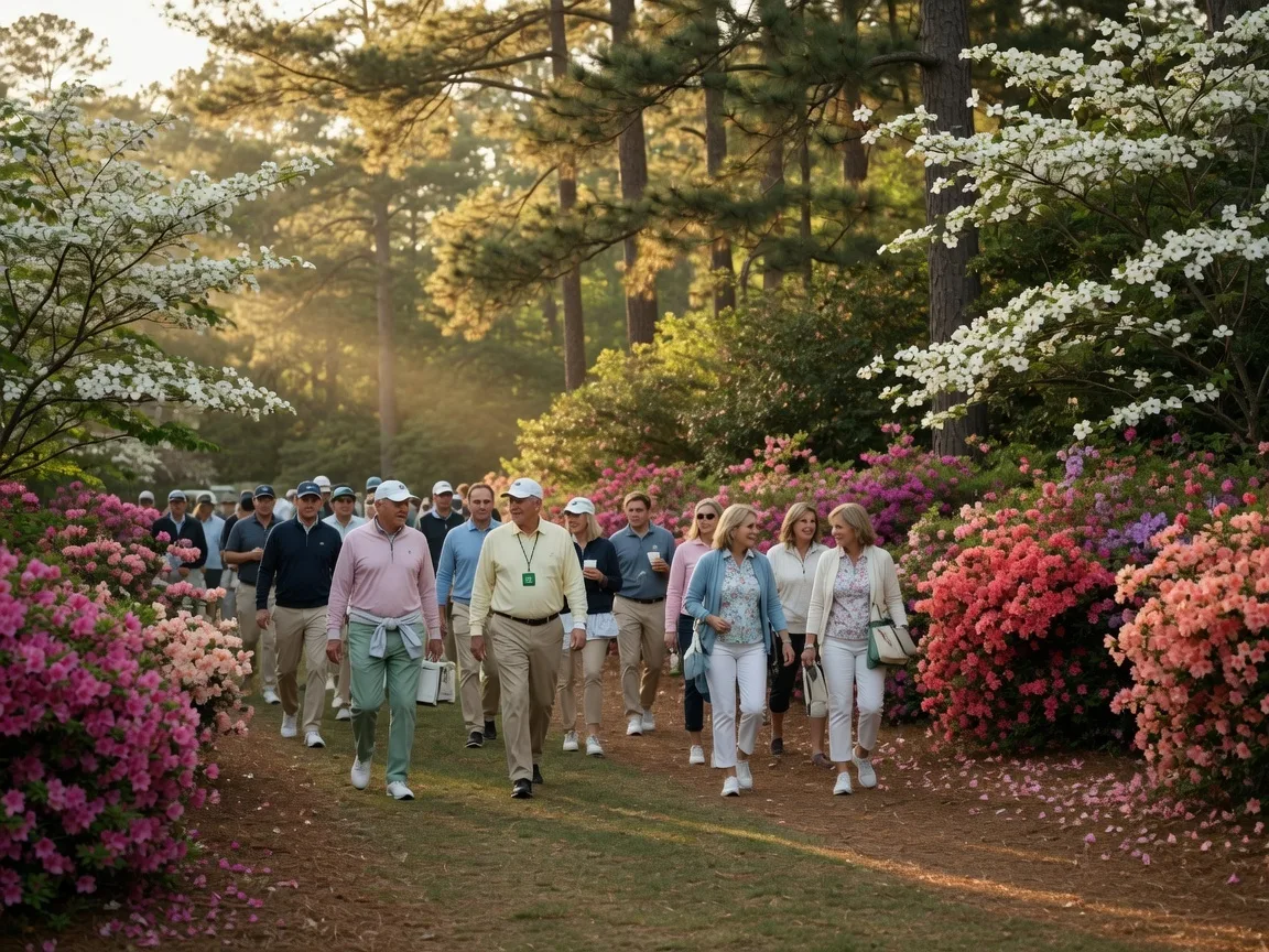 Patrons walking along tree-lined path at Augusta National during Masters Week spring season