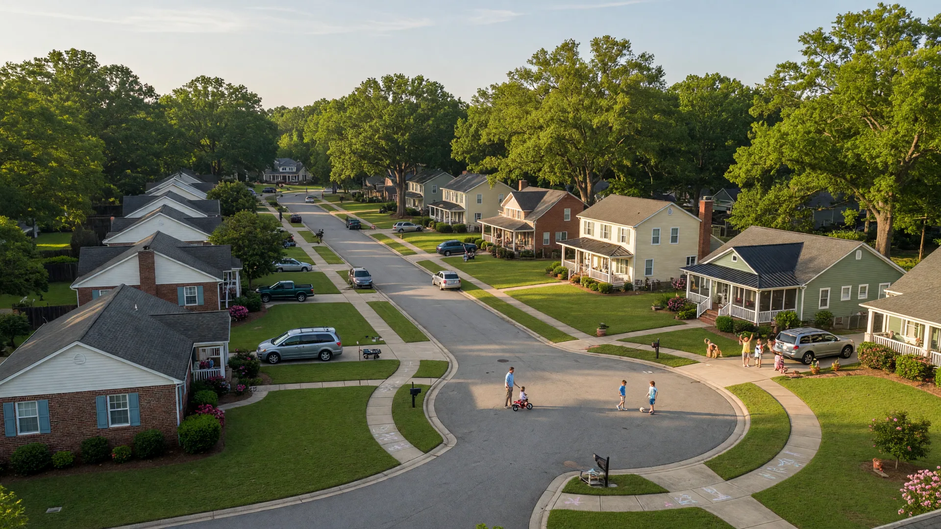 Split view of open acreage farmland and a tree-lined neighborhood in Aiken South Carolina