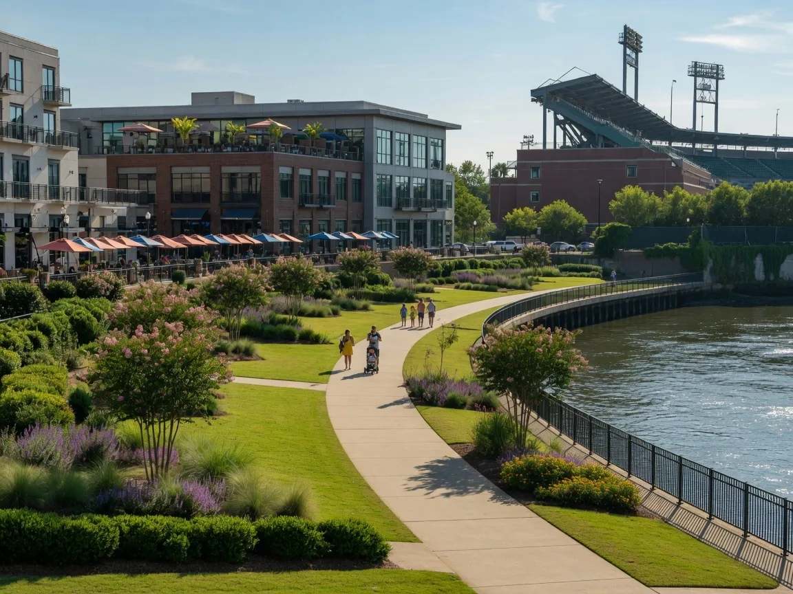 North Augusta riverfront trail along the Savannah River with the SRP Park and mixed-use development visible in the background