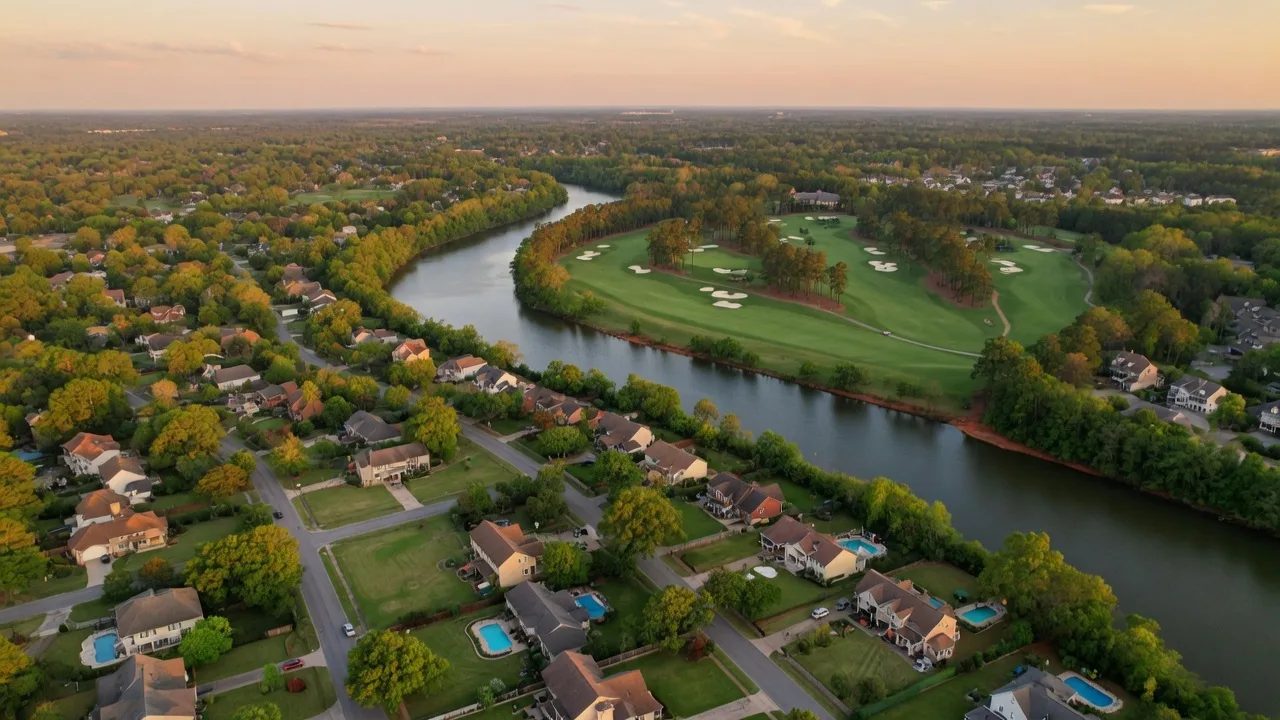 Aerial view of Augusta GA neighborhoods near Augusta National Golf Club