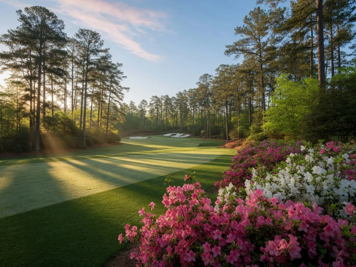 Augusta National Golf Club grounds with blooming azaleas and pristine fairways during Masters Week