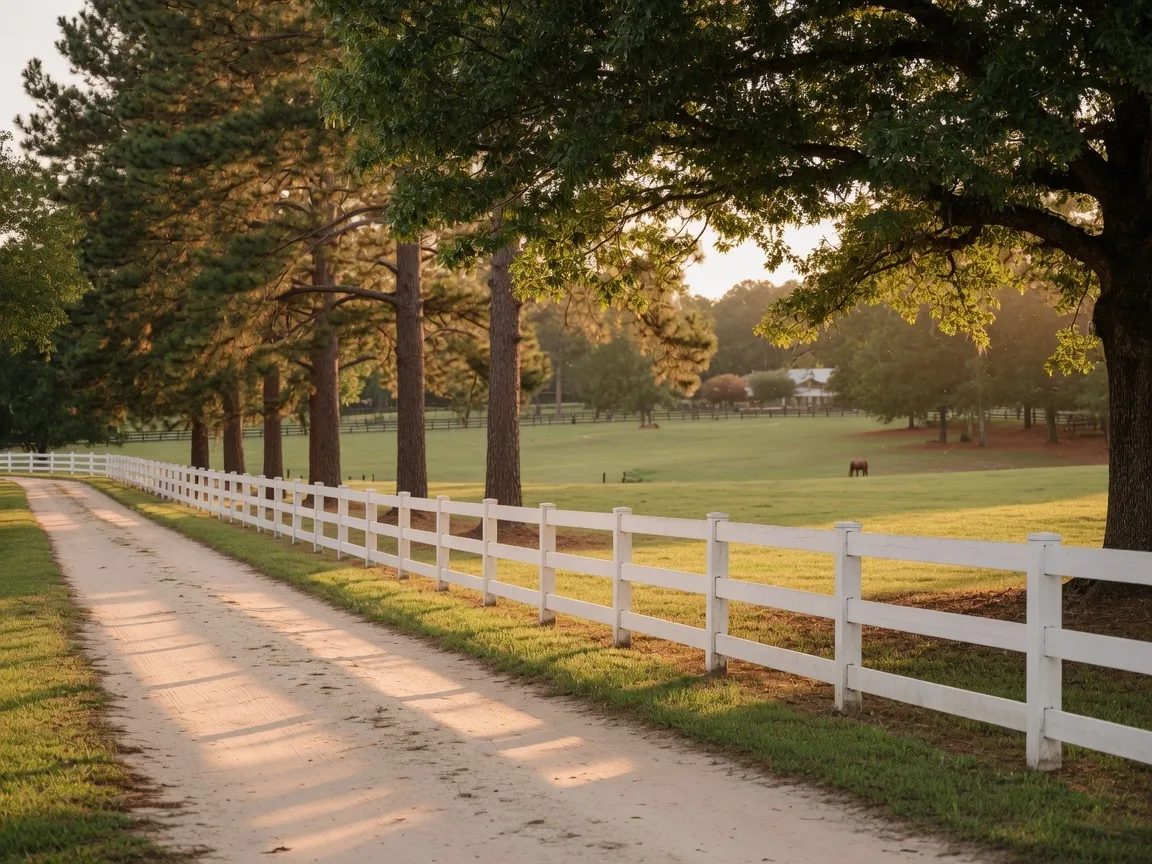 Horses grazing in a sunlit pasture near Aiken SC with white plank fencing and mature trees