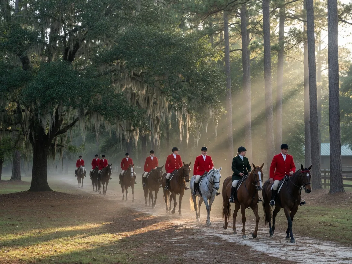 Polo players on horseback competing during a match at the Aiken Polo Club in Aiken SC