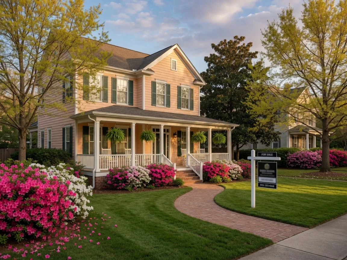 Beautiful Augusta GA home with blooming azaleas and For Sale sign ready for Masters Week spring selling season