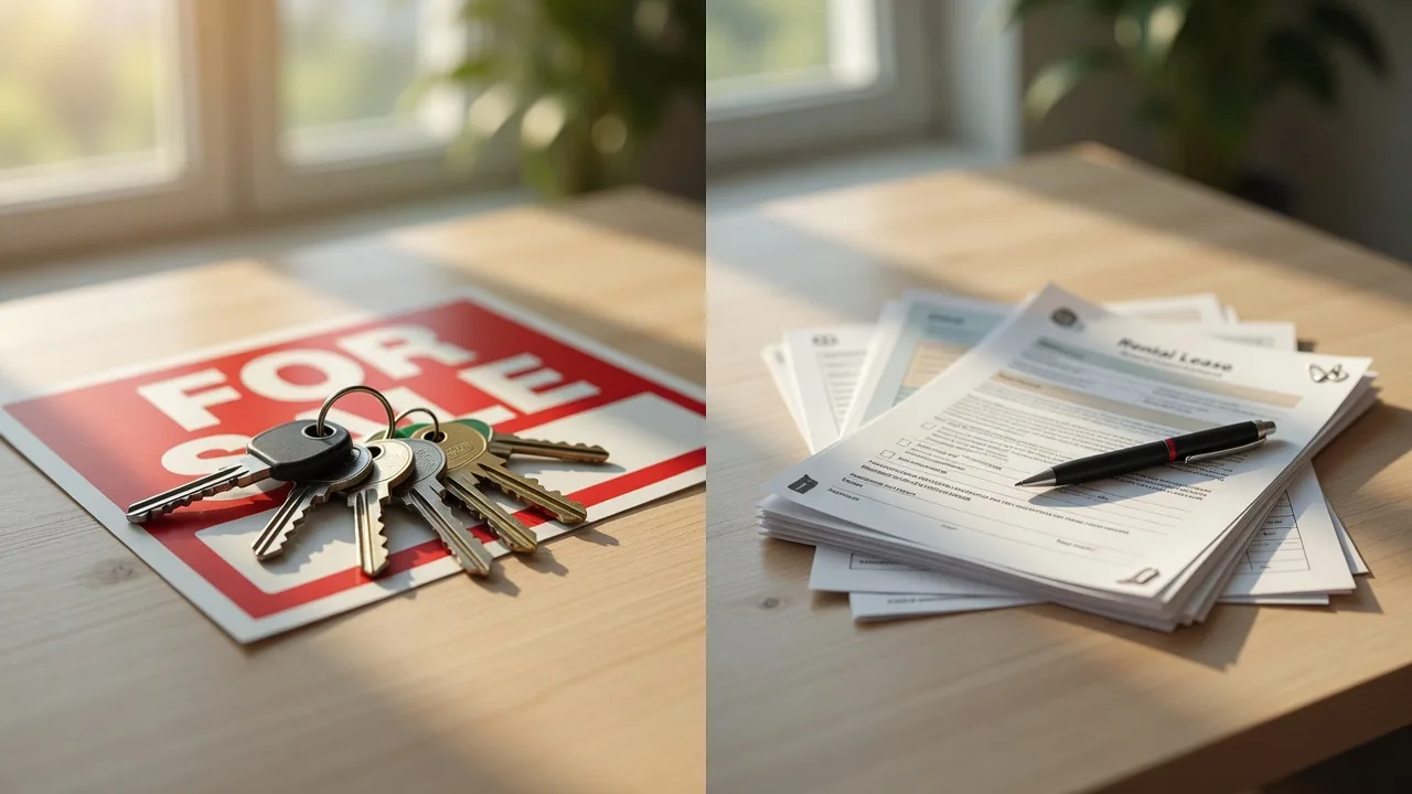 House keys and a for-sale sign next to rental paperwork, illustrating the rent versus buy decision