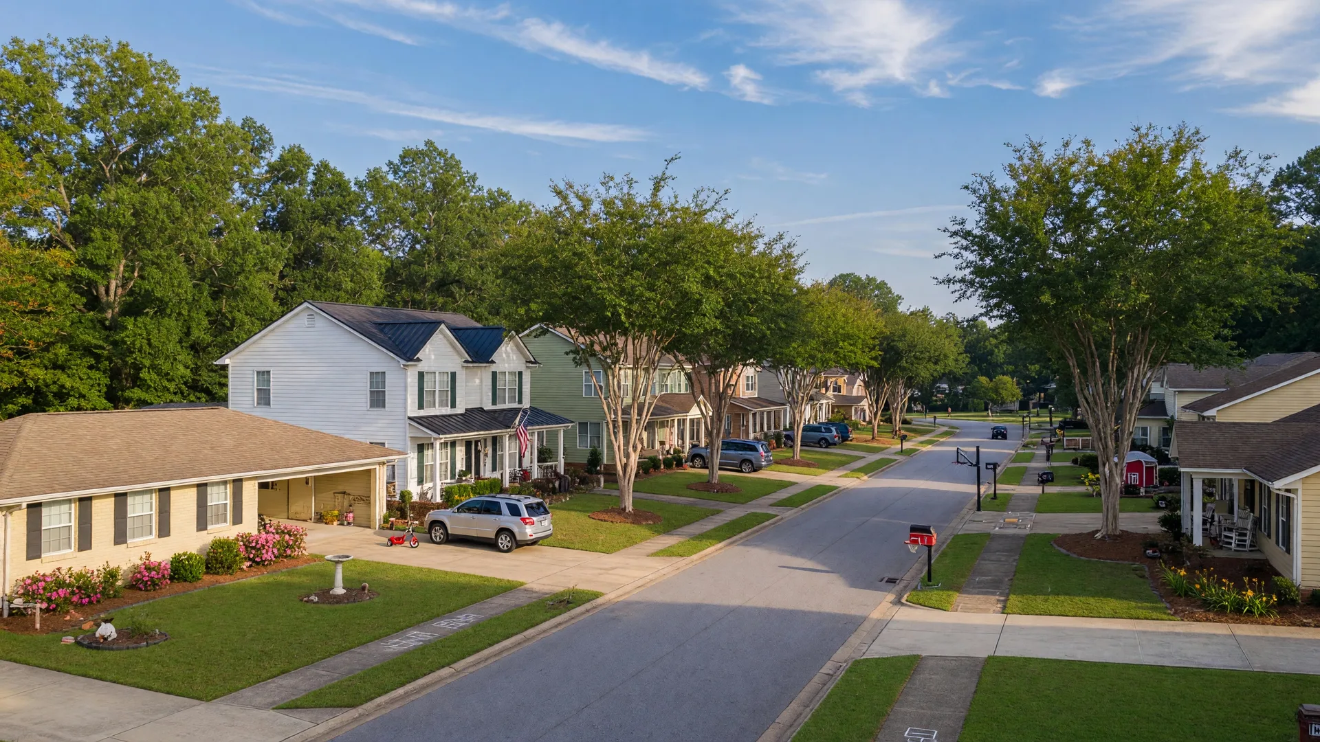 Aerial view of North Augusta SC neighborhoods along the Savannah River with Augusta GA skyline in the background