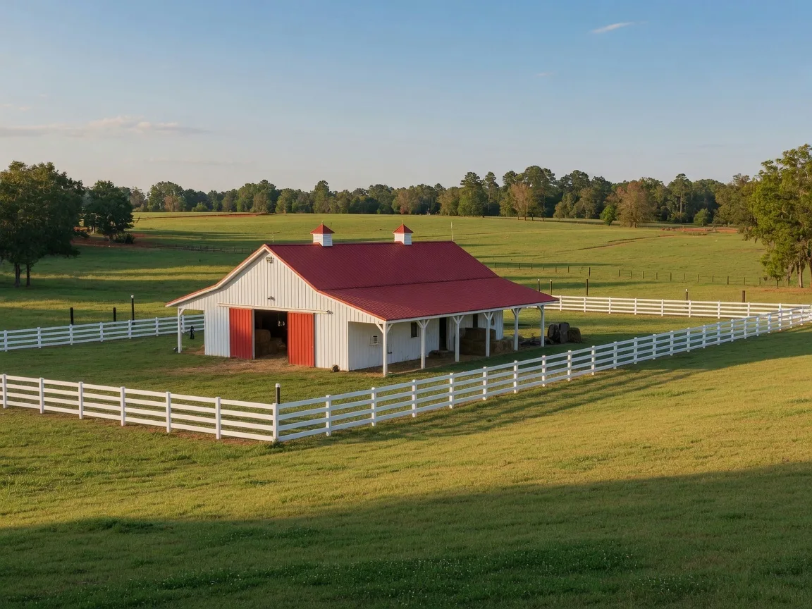Horse barn with open pasture and rolling green land near Aiken SC