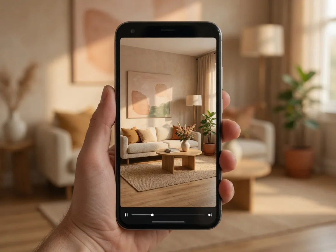 AI-powered walkthrough video of a staged home playing on a smartphone