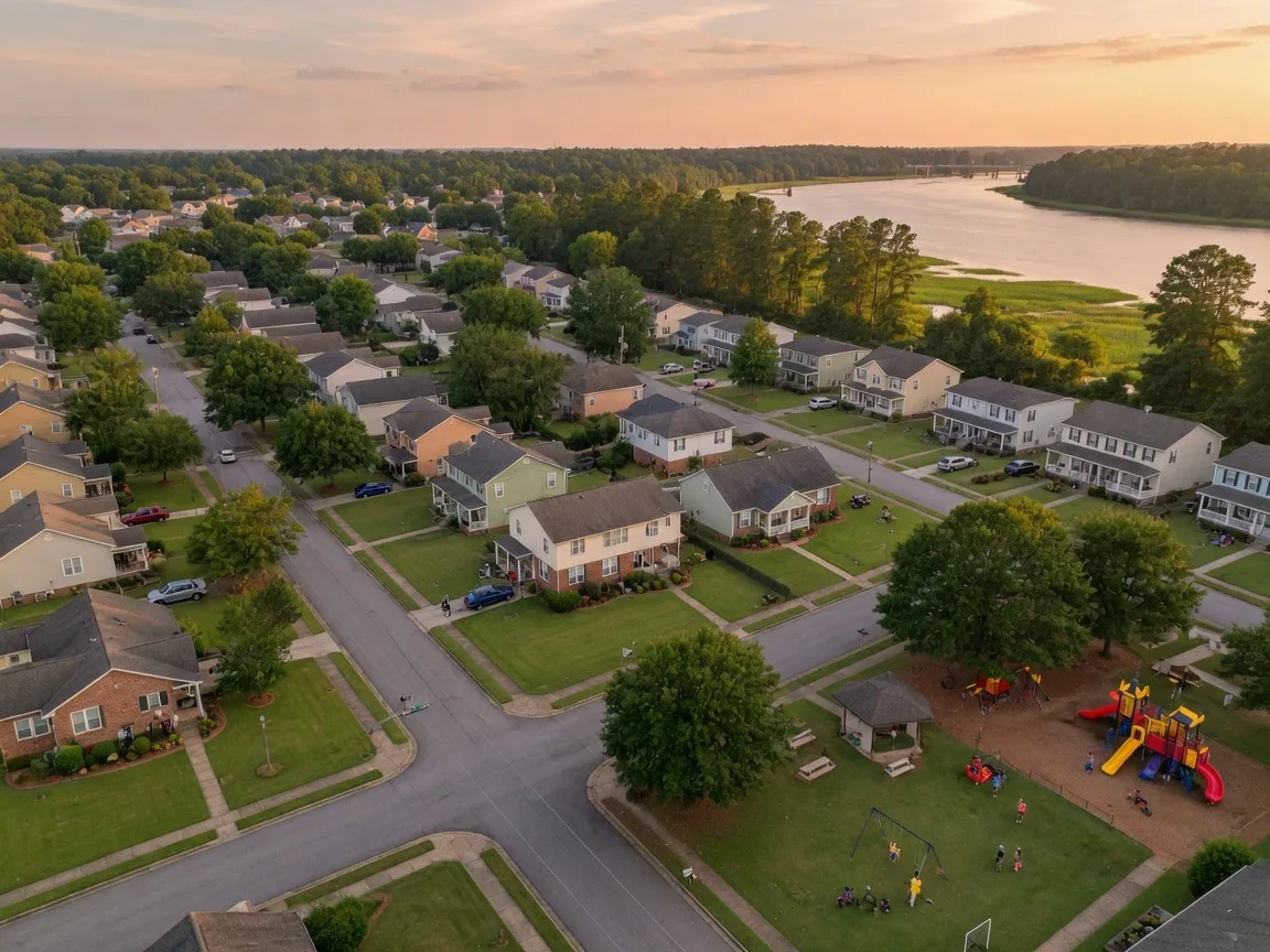 Aerial view of family-friendly residential neighborhood in North Augusta SC with tree-lined streets, green lawns, and nearby parks