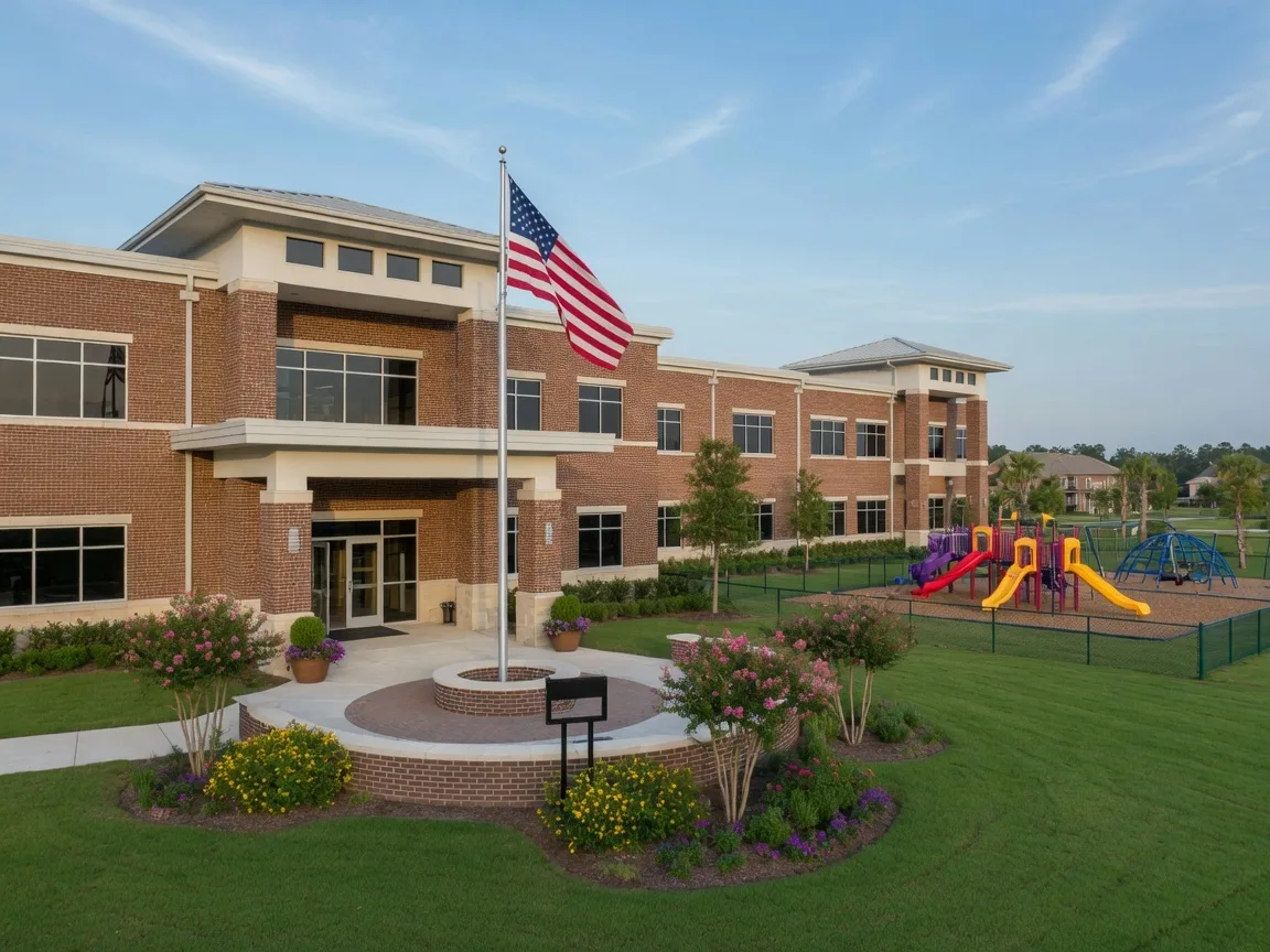 Well-maintained public school building in the North Augusta SC area with green grounds, playground, and welcoming entrance